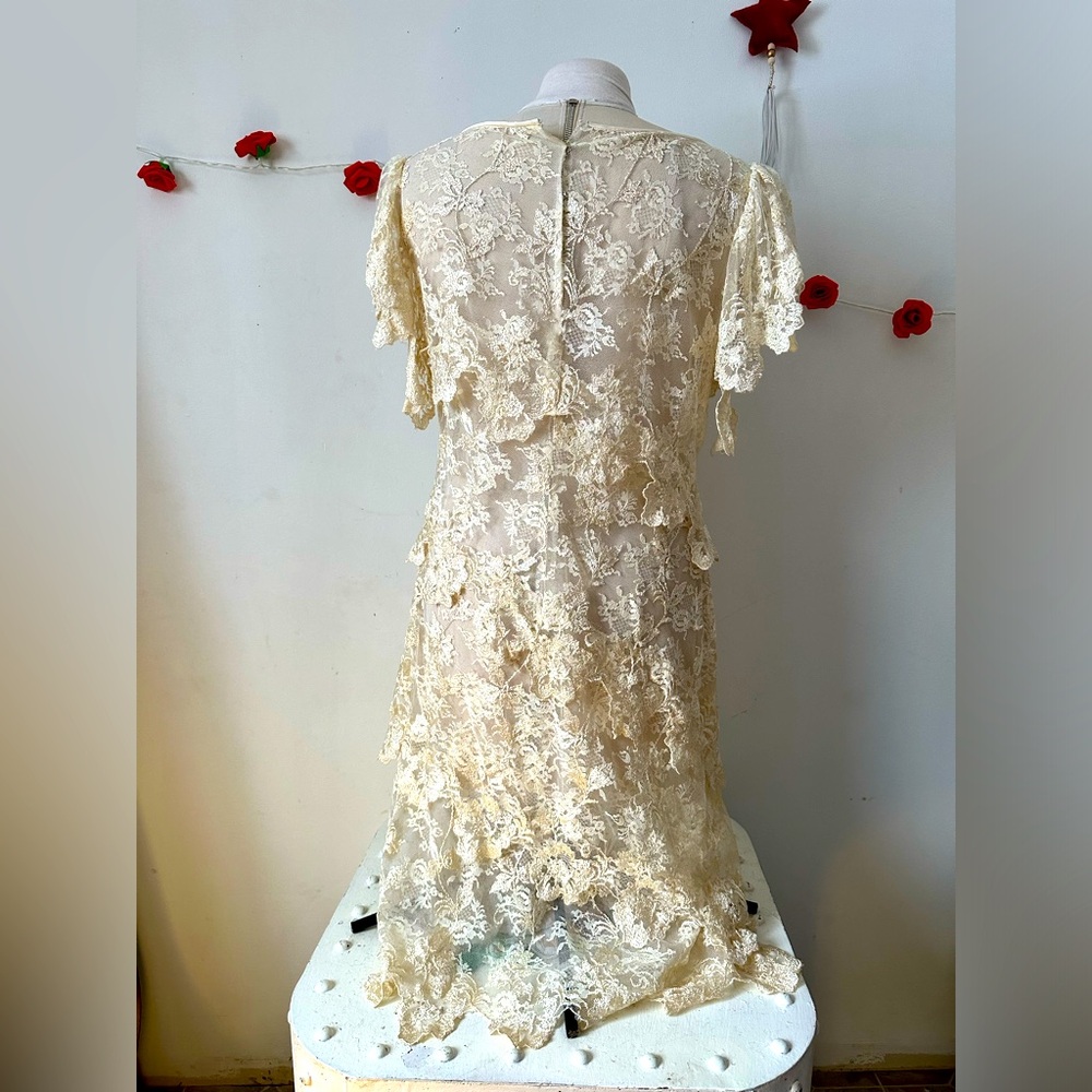 Vintage Cream Lace Ruffle Dress M L - Picture 9 of 10
